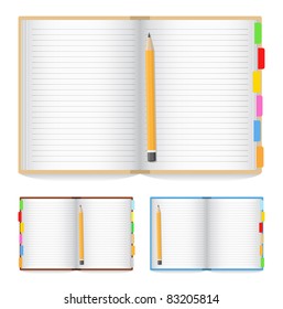 Vector opened notebook with pencil