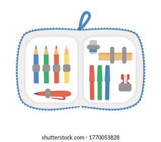 Vector opened pencil case with stationery. Back to school educational clipart. Cute flat style supplies and writing materials. Box with colored pencils, felt pens, pen, sharpener, ruler.
