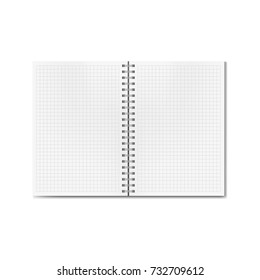 Vector opened realistic graph or quad ruled notebook. Blank lined pages textbook on ring spiral binder mockup or template