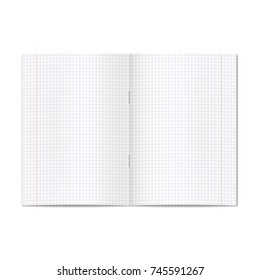 Vector opened realistic graph or quad ruled school copybook with red margins. Blank lined pages of notebook or exercise book with staples mockup or template