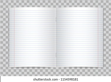 Vector opened realistic lined elementary school copybook with red margins on transparent background. Mockup or template of blank lined opened pages of notebook or exercise book with staples.