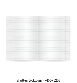 Vector opened realistic lined ruled school copybook with red margins. Blank lined open pages of notebook or exercise book with staples mockup or template