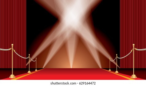 vector opened red curtain stage with red carpet, golden fence and five spotlights