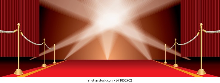 vector opened red curtain stage with red carpet, golden fence and five spotlights, show business and entertainment horizontal background