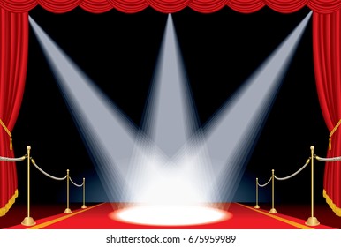 vector opened red curtain stage with red carpet, golden fence and three spotlights, show business background