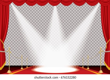 vector opened red curtain stage with red carpet, golden fence and three spotlights, show business background