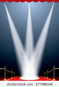 vector opened red curtain stage with red carpet, golden fence and five spotlights, show business and entertainment vertical background