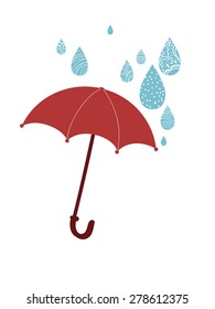 Vector opened red umbrella and rain on white background.