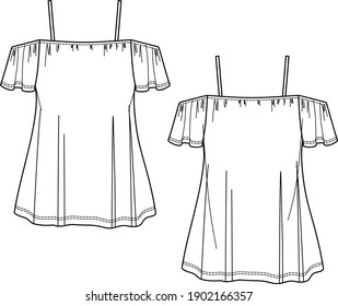 Vector opened shoulder blouse sketch, women top fashion CAD, tank top technical drawing