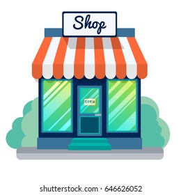 Vector Opened Store Or Shop Icon. Small Blue Building With Big Windows, Stripey Roof And Sign Opened. Flat Modern Design