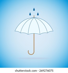Vector opened umbrella and rain on blue background.