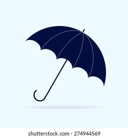Vector opened umbrella and rain on blue background.