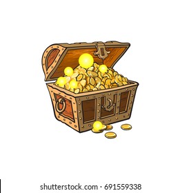 vector opened wooden treasure chest full of golden coins. Isolated illustration on a white background. Flat cartoon symbol of adventure, pirates, risk profit and wealth.