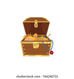 vector opened wooden treasure chest full of golden coins, gems jewelry. Isolated illustration on a white background. Flat cartoon symbol of adventure, pirates, risk profit and wealth.