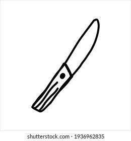 Doodle de estilo de abreador vectorial para la decoración de artículos, cuadernos. El cuchillo está dibujado con una línea negra. El elemento está aislado en un fondo blanco.