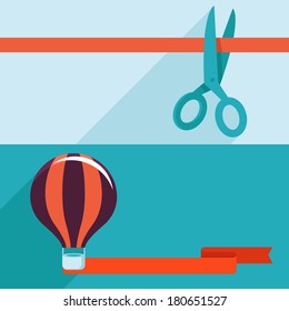 Vector opening and launching concept in flat style - banners with red ribbon and scissors and air balloon