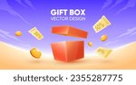 Vector opens gift box with discount card and coins flying around