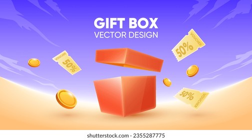 Vector opens gift box with discount card and coins flying around - Shutterstock ID 2355287775