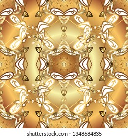 Vector. Openwork delicate golden pattern. Oriental style. Seamless pattern on beige and yellow colors with golden elements. Seamless golden texture curls. Brilliant lace, stylized flowers, paisley.