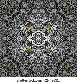 Vector. Openwork delicate white pattern. White texture curls. Oriental style arabesques. Brilliant lace, stylized flowers, paisley. Pattern on yellow background with white elements.