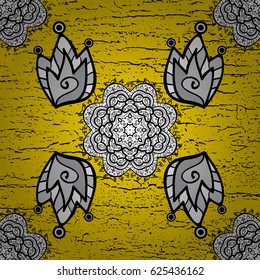 Vector. Openwork delicate white pattern. Pattern on yellow background with white elements. Brilliant lace, stylized flowers, paisley. Oriental style arabesques. White texture curls.