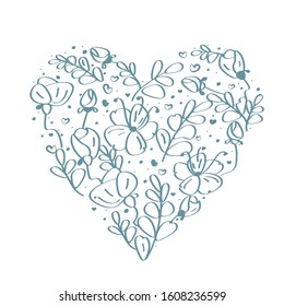 Vector openwork heart. The leaves, flowers and buds in blue are laid out in the shape of a heart.