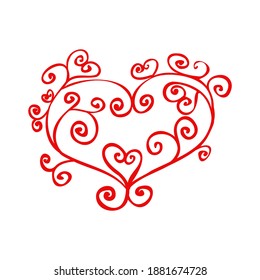 Vector openwork red heart with curls in doodle style. Valentines day and wedding design Icon, flyer, banner, invitation.