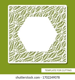 Vector openwork square frame with leaves. Copy space. Design element, sample panel for plotter cutting, handmade. Template for paper cut, plywood, cardboard, metal engraving, wood carving, printing.