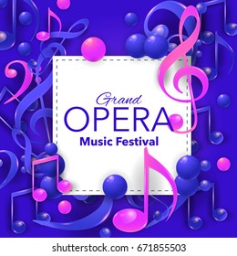 Vector Opera Art or Dance Party Theme Musical Note, Bubbles with Geometric Frame, Colorful Design