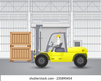 Vector of operator, driver or worker to handling wooden crate box inside warehouse or factory by forklift. Equipment for logistic, shipping and delivery. Freight transport and distribution industry