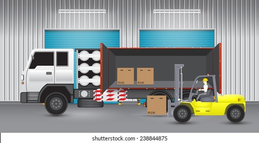 Vector of operator, driver or worker to handling, sorting cardboard box into storage or cargo container by forklift for logistic, shipping and delivery. Freight transport and distribution industry.