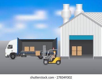 Vector of operator, driver or worker to handling crate box into storage or open cargo container by forklift, equipment for logistic, shipping and delivery. Freight transport and distribution industry.