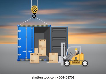 Vector of operator, driver or worker to handling box on pallet into storage or cargo container by forklift, equipment for logistic, shipping and delivery. Freight transport and distribution industry.