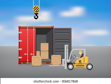 Vector of operator, driver or worker to handling crate box on pallet into storage or cargo container by forklift, equipment for logistic, shipping, delivery. Freight transport, distribution industry.