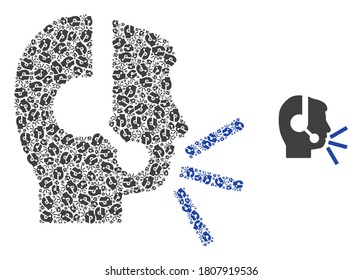 Vector operator speech collage is designed of repeating recursive operator speech items. Recursive collage of operator speech.