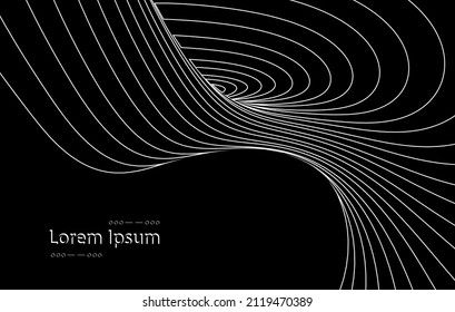 Vector optical art illusion of geometric black and white abstract line surface flowing like a hypnotic wormhole tunnel. Optical illusion style design.