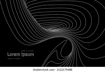 Vector optical art illusion of geometric black and white abstract line surface flowing like a hypnotic wormhole tunnel. Optical illusion style design.