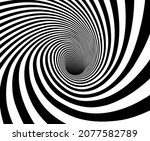 Vector optical art illusion of striped geometric black and white abstract line surface flowing like a hypnotic worm-hole tunnel. Optical illusion style design.