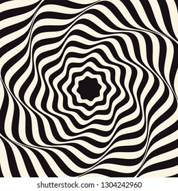 Vector optical art illusion of striped geometric black and white abstract surface flowing like a hypnotic worm-hole tunnel. Optical illusion style design