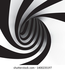 Vector optical art illusion of striped geometric black and white abstract surface flowing like a hypnotic worm-hole tunnel. Optical illusion style design. - Vector