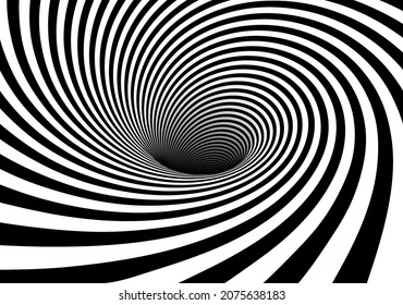 Vector optical art illusion of striped geometric black and white abstract line surface flowing like a hypnotic worm-hole tunnel. Optical illusion style design.