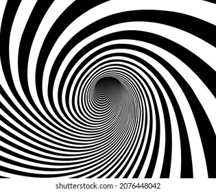 Vector optical art illusion of striped geometric black and white abstract line surface flowing like a hypnotic worm-hole tunnel. Optical illusion style design.