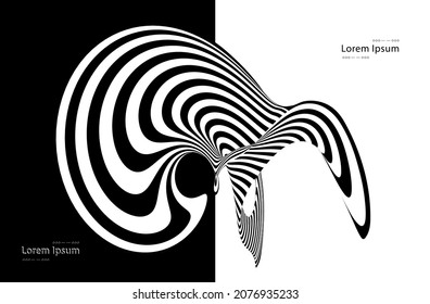 Vector optical art illusion of striped geometric black and white abstract knot surface flowing. Optical illusion style design.