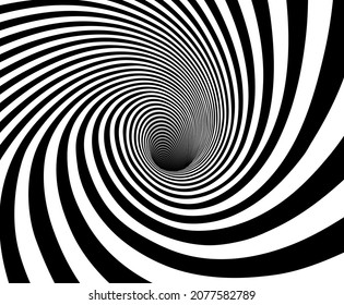 Vector optical art illusion of striped geometric black and white abstract line surface flowing like a hypnotic worm-hole tunnel. Optical illusion style design.