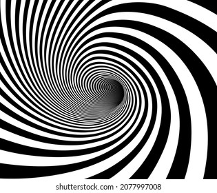 Vector optical art illusion of striped geometric black and white abstract line surface flowing like a hypnotic worm-hole tunnel. Optical illusion style design.