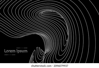 Vector optical art illusion of striped geometric black and white abstract line surface flowing like a hypnotic worm-hole tunnel. Optical illusion style design.