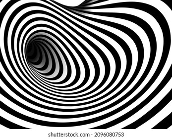 Vector optical art illusion of striped geometric black and white abstract surface flowing like a hypnotic worm-hole tunnel. Optical illusion style design.