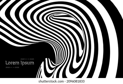 Vector optical art illusion of striped geometric black and white abstract surface flowing like a hypnotic worm-hole tunnel. Optical illusion style design.