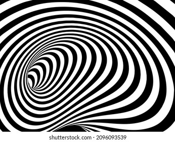 Vector optical art illusion of striped geometric black and white abstract surface flowing like a hypnotic worm-hole tunnel. Optical illusion style design.