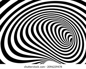 Vector optical art illusion of striped geometric black and white abstract surface flowing like a hypnotic worm-hole tunnel. Optical illusion style design.